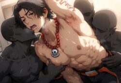 abs ai_generated aru_(pixiv1293902) big_pecs blush erect_nipples gay large_pectorals male male/male male_focus male_only muscular muscular_male nipple_play nipples one_piece pecs pecs_grab pecs_touching pectorals portgas_d_ace yaoi