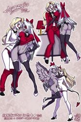 2girls angel angel_wings black_panties charlie_morningstar_(hazbin_hotel) demon demon_girl demon_horns demon_tail hand_on_crotch hazbin_hotel lifting_skirt multiple_girls ratkingpoe red_panties vaggie_(hazbin_hotel) yuri