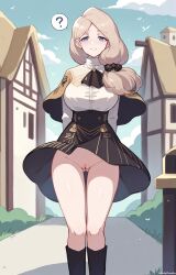 accidental_exposure ai_generated blue_eyes fire_emblem fire_emblem:_three_houses garreg_mach_monastery_uniform mercedes_von_martritz outdoors pussy question_mark slight_smile sunday_poonday