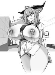 2024 arknights bare_thighs big_breasts breast_milk commission degenbrecher_(arknights) h_earth horns huge_breasts lactation lactation_through_clothes necktie tagme thick thick_thighs