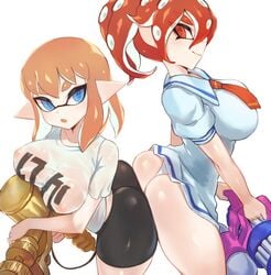 2girls alternate_breast_size anthro ass ass_docking ass_to_ass big_breasts bottomless bubble_butt busty cephalopod cephalopod_humanoid female female_only humanoid inkling inkling_girl jtveemo large_breasts lesbian light-skinned_female light_skin mask_(marking) nintendo octoling octoling_girl pointy_ears school_uniform see-through short_shorts splatoon squid symmetrical_docking tentacle tentacle_hair wet_clothes yuri