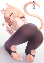 1girl ahoge animal_ear_fluff animal_ears ass bangs bare_shoulders barefoot black_legwear blonde_hair blush bow breasts cameltoe cat_ears cat_girl cat_tail censored closed_mouth eyebrows_visible_through_hair facial_mark fang feet female from_behind hair_between_eyes hair_bow john_zerowb leggings long_hair looking_at_viewer looking_back medium_breasts no_panties nude purple_hair pussy red_eyes ribbon smile soles solo squchan_(vtuber) stirrup_legwear striped tail tail_bow tail_raised tail_ribbon toeless_legwear toenail_polish toenails toes top-down_bottom-up topless torn_clothes torn_legwear virtual_youtuber vyugen