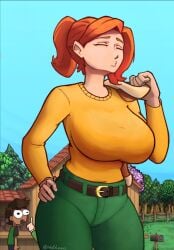 big_breasts clothed clothed_female copyright dress non_nude nullbean outside red_head robin_(stardew_valley) stardew_valley white_skin