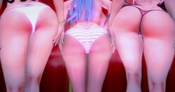 3d 3girls ass ass_cleavage ass_focus back_view backboob big_ass big_thighs bikini bikini_bottom black_hair blue_hair bodily_fluids bracelet bracelets close-up deluxe_rosie female female_only hands_on_ass hands_on_hips hourglass_figure indie_virtual_youtuber light-skinned_female light_skin pink_hair revealing_clothes rosie_(vtuber) silvervale standing string_bikini stripes sweat topless veibae virtual_youtuber