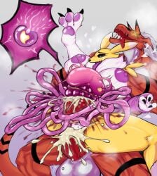 anthro areola balls bandai_namco belly_pop big_areola big_balls big_breasts big_penis biped black_sclera blood blood_splatter bodily_fluids breasts censored censored_genitalia cervical_penetration cum cum_explosion cum_in_pussy cum_in_uterus cum_inside digimon digimon_(species) disembowelment erection fatal_wound female female_penetrated genital_fluids genitals glowing glowing_eyes gore growlmon guro guts hearts_around_head hi_res huge_balls huge_cock imminent_death impregnation intestines leg_grab male male/female male_dominating_female male_penetrating male_penetrating_female mostly_nude muscular muscular_male neck_tuft nipples organs ovum penetration penile penile_penetration penis penis_in_pussy purple_nipples renamon reverse_stand_and_carry_position sex skarma snuff sperm_cell standing standing_sex thick_thighs tongue tongue_out tuft uterus vaginal_penetration