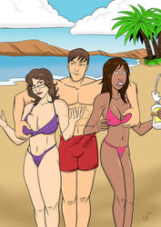 1boy 2girls beach big_breasts bikini breast_grab dark-skinned_female dark_skin dubious_consent erection erection_under_clothes female geekyguy28 glasses groping interracial male michele patricia patrick sunscreen surprised