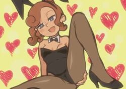 1girl 1girls 2023 anus ass ass_grab blue_eyes blush boobs bow bowtie breasts brown_hair bunny_ear bunny_ears bunny_girl bunnysuit butt clothed clothed_female clothing female headband headgear headwear heart heart_symbol hearts heels jcm2 katrielle_layton layton's_mystery_journey legs_apart love_heart open_legs presenting presenting_pussy professor_layton shoes simple_background sitting sitting_down sitting_on_floor small_breasts smile tits woman