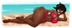 1girls beach bikini black_hair breasts brit_crust dark-skinned_female dark_skin female female_only looking_at_viewer lying lying_on_side my_life_as_a_teenage_robot n-kosi n-kosi_(coloring) ocean sand sky solo swimsuit thick_thighs water wide_hips