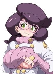 10s 1girls big_breasts breasts cleavage clothes_lift commentary_request creatures_(company) denki_showgun female game_freak glasses green_eyes highres huge_breasts large_breasts looking_at_viewer nintendo paizuri_invitation pink-framed_eyewear pokemon pokemon_sm purple_hair ribbed_sweater shirt_lift short_hair smile solo sweat sweater turtleneck turtleneck_sweater underboob white_background wicke_(pokemon)