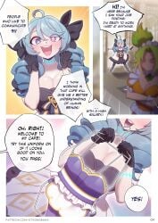 2girls big_breasts blue_eyes blue_hair blush cafe_cutie_zeri cafe_cuties_series comic comic_page comic_panel drill_hair gwen_(league_of_legends) happy large_breasts league_of_legends maid maid_headdress maid_outfit maid_uniform oc page_4 page_number pale-skinned_female pale_skin ribbon_in_hair riot_games strongbana text uniform watermark zeri_(league_of_legends)