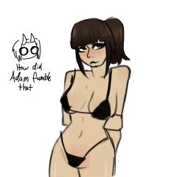 big_breasts bikini blush brown_eyes brown_hair doodle evelin_miller female_focus female_only mandela_catalogue markthecrypt_ ponytail shy standing text