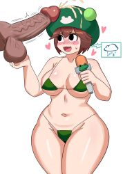 1boy 1girls bikini blush breasts huge_cock mega_man mega_man_battle_network midorikawa_kero navel penis penis_awe ribitta thick_thighs thighs white_background wide_hips ytrall