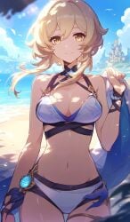 1girls ai_generated alternate_costume beach belly_button bikini bikini_bottom bikini_top blonde_hair clouds day female female_focus female_only finasu genshin_impact hoyoverse light-skinned_female light_skin looking_at_viewer lumine_(genshin_impact) medium_breasts mihoyo navel ocean outdoors short_hair sky slim_girl smiling solo solo_female solo_focus standing summer swimsuit two_piece_swimsuit vision_(genshin_impact) water yellow_eyes young younger_female