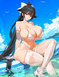 1girls ai_generated azur_lane big_breasts bikini black_hair breasts enormous_breasts female female_focus female_only huge_breasts large_breasts looking_at_viewer ponytail smiling_at_viewer swimsuit takao_(azur_lane) white_bikini white_legwear white_ribbon yellow_eyes