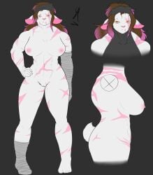 absurd_res anthro ass big_breasts big_butt bovid breasts caprine digital_drawing_(artwork) digital_media_(artwork) female genitals hi_res mammal nipples nude pussy scar sheep simple_background solo tail thick_thighs yazuka