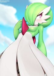 averting_eyes bad_id blue_sky blush bob_cut breasts cloud colored_skin dress female gardevoir green_hair hair_over_one_eye multicolored_skin neocoill patreon_logo patreon_username pink_eyes pokemon pokemon_(species) pussy pussy_peek sky small_breasts two-tone_skin variant_set white_dress white_skin