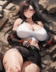 1girls ai_generated alternate_breast_size bleeding curvy cuts detailed_background female final_fantasy final_fantasy_vii from_above huge_breasts injured lying mature_female narrow_waist on_back raining rubble solo stable_diffusion thick_thighs tifa_lockhart torn_clothes wide_hips xenomon