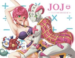 2girls ass big_breasts blush breasts choker clothing female green_eyes greyfish13 human humanoid jojo's_bizarre_adventure light-skinned_female light_skin notorious_b.i.g open_mouth pink_hair pink_skin short_hair shounen_jump spice_girl spread_legs stand_(jjba) standcest trish_una vento_aureo yuri