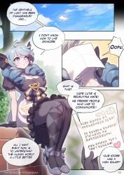 1girls big_breasts big_breasts blue_eyes blue_hair blush cafe_cuties_series comic comic_page drill_hair fully_clothed gwen_(league_of_legends) large_breasts league_of_legends looking_away message page_3 page_number pale-skinned_female pale_skin paper reading ribbon_in_hair riot_games strongbana talking_to_self text thinking watermark