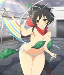 1girls accidental_circumstance accidental_exposure asuka_(senran_kagura) bare_shoulders bikini black_hair black_socks blue_sky blush breasts brown_eyes brown_hair brown_shoes chain-link_fence cleavage cloud cloudy_sky collarbone convenient_censoring day door embarrassed falling_leaves female fence hair_ribbon holding holding_kunai holding_weapon kunai large_breasts leaf leaf_censor light_rays loafers looking_at_viewer marvelous multicolored_bikini multicolored_stripes navel non-web_source official_art on_rooftop open_clothes open_mouth outdoors ponytail rainbow_bikini reaching red_scarf ribbon rooftop scarf school senran_kagura senran_kagura_new_wave senran_kagura_shoujo-tachi_no_shin'ei shoes short_hair short_ponytail side-tie_bikini_bottom sky socks solo standing standing_on_one_leg standing_on_roof striped_bikini striped_clothes sunbeam sunlight swimsuit thigh_gap tile_floor tiles topless_female untied_bikini unworn_bikini_top wardrobe_malfunction weapon white_ribbon