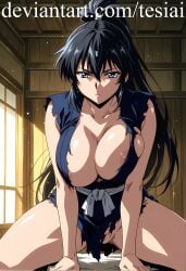 1girls ai_generated ass bandage big_ass big_breasts black_hair blue_eyes blue_kimono breast_squeeze breasts busty busty_female female female_only huge_ass huge_breasts kimono large_ass large_breasts light-skinned_female light_skin long_hair manyuu_chifusa manyuu_hikenchou no_bra no_panties no_pants no_underwear ponytail solo_female tesiai thigh_highs thighhighs thighs vagina very_long_hair voluptuous voluptuous_female wide_hips