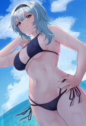 1girls 2d 2d_(artwork) alternate_costume artist_request belly_button big_breasts bikini bikini_bottom bikini_top blue_bikini blue_bikini_bottom blue_bikini_top blue_hair blue_swimsuit bra clouds day eula_(genshin_impact) female female_focus female_only front_view genshin_impact high_resolution highres hourglass_figure hoyoverse light-skinned_female light_skin looking_at_viewer mature mature_female medium_hair mihoyo multi-strapped_bikini navel ocean outdoors revealing_swimsuit sky slim_girl solo solo_female solo_focus standing summer swimsuit thong thong_bikini two_piece_swimsuit water yellow_eyes