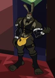 2023 5_fingers 5_toes abs animatronic anthro balls_outline biceps big_muscles big_penis black_body black_fur black_nails black_nipples black_nose body_hair broad_shoulders buckteeth bulge butt chest_hair clothed clothing colored_nails crotch_tuft detailed_bulge digital_drawing_(artwork) digital_media_(artwork) escort fan_character feet fingers flaccid flat_colors fur genital_outline genitals grey_body grey_fur handwear hi_res huge_muscles lagomorph latex latex_clothing latex_handwear leporid long_ears machine male mammal muscular muscular_arms muscular_male nails navel nipples partially_clothed pecs penis penis_outline quads rabbit red_eyes robot rxq small_waist smile snout solo teeth thong toes triceps tuft underwear yellow_clothing yellow_thong yellow_underwear