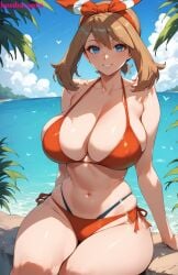 1girls ai_generated arms_behind_back big_breasts bikini bikini_bottom bikini_top blue_eyes bombacopta breasts brown_hair cleavage cleavage_overflow female large_breasts mature_female may_(pokemon) may_(pokemon_oras) midriff pokemon pokemon_trainer red_bikini ribbon simple_background smile thick thick_thighs wide_hips