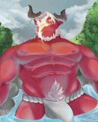 balls bara big_penis body demon elio_lantision eliolovicos facial_hair fire flaccid hi_res highres horns hot_spring male male_only muscles muscular nude oni penis red skin solo solo_male