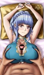 1boy 1girls alternate_costume armpits arms_up bare_arms bare_midriff bed bikini blue_bikini blue_hair blue_nails blue_swimsuit braid breast_grab breasts brown_eyes censored choker cleavage deep_skin double_breast_grab duke_von_e-sex expressionless female female_focus fire_emblem fire_emblem:_three_houses fire_emblem_heroes groping highres huge_breasts light_blue_hair looking_at_viewer male male_pov marianne_von_edmund marianne_von_edmund_(summer) midriff nail_polish navel nintendo official_alternate_costume on_back on_bed open_mouth paizuri penis pillow pov short_hair sidelocks solo_focus sweat sweaty swimsuit tip_peeking upper_body