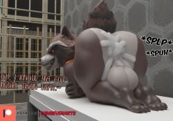 2022 3_toes 3d_(artwork) all_fours anthro anus ass ass_up balls bed big_balls big_butt black_nose bodily_fluids bottomless bottomless_anthro bottomless_male brown_body brown_fur camseven claws clothed clothing countershade_butt countershading crossed_arms cum cum_on_butt detailed_background dialogue digital_media_(artwork) english_text fangs feet fur furniture genital_fluids genitals guardians_of_the_galaxy hi_res inside looking_back male male_anthro male_only mammal marvel multicolored_body multicolored_fur on_bed onomatopoeia open_mouth open_smile orange_clothing orange_topwear partially_clothed paws perineum pink_anus presenting presenting_hindquarters prison_cell procyonid raccoon raised_tail red_eyes rocket_raccoon smile solo sound_effects tail teasing teeth text thick_thighs toes topwear whiskers white_body white_countershading white_fur wide_hips