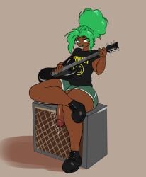 1boy aj_(gameruninformed) big_penis bloomz dark-skinned_femboy dark-skinned_male dark_skin emo emo_boy femboy flaccid green_eyes green_hair green_lipstick guitar huge_cock huge_penis large_penis lipstick penis sitting_on_speaker solo solo_focus solo_male thick thick_thighs thighs trap