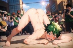 ai_generated blushing boku_no_hero_academia face_down_ass_up femboy flushed_face gay green_hair izuku_midoriya jack-o_pose male male_focus male_only multiple_boys my_hero_academia outdoor_nudity outdoors outside photographing photographing_another photoshoot public public_exposure public_nudity tagme taking_picture yaoi