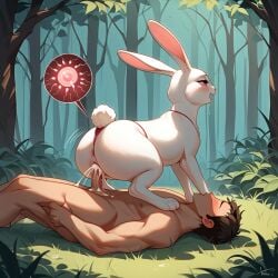 ai_generated bestiality_impregnation cowgirl_position feral feral_penetrated forest human_on_feral impregnation rabbit thong vaginal_penetration zoophilia