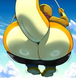 absurd_res anthro ass big_butt blue_sky bottom_heavy bottomless bubble_butt butt_focus charmander clothed clothing cloud generation_1_pokemon hadou_(satsui-n0-had0u) hi_res huge_butt male nintendo orange_body orange_scales pokemon pokemon_(species) rear_view satsui-n0-had0u scales sitting sitting_on_swing sky solo swing tail