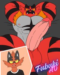 anthro ashe_(husky_darlight) balls big_balls big_penis blush cinne_(wolfe_fubuki) gay generation_7_pokemon genitals hi_res incineroar lying male male/male male_only muscular muscular_male nintendo pecs penis pokemon pokemon_(species) surprised_expression torracat wolfe_fubuki