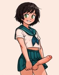 absurdres beachepisode black_hair character_request copyright_request erection foreskin futanari green_eyes green_neckerchief green_skirt grin highres neckerchief parted_lips phimosis pleated_skirt school_uniform serafuku short_sleeves skirt smile teeth testicles