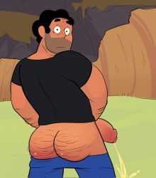 1boy adult_steven_universe ass bara bare_ass big_ass big_penis body_hair interrupted joeemillery male_only muscle outdoors pants_down peeing solo steven_quartz_universe steven_universe surprised walk-in walked_in_on