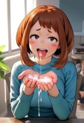 ai_generated bob_cut boku_no_hero_academia cum_in_hands cum_on_tongue cum_trail cupping_hands female my_hero_academia ochako_uraraka sitting solo tongue_out