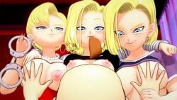 1boy 3d 3girls alternate_costume alternate_hairstyle android_18 arm_grab assertive_female bag big_breasts blonde_hair blue_eyes canon_couple couple dragon_ball dragon_ball_gt dragon_ball_super dragon_ball_z grabbing handcuffs huge_breasts koikatsu krillin kuririn roseza small_breasts straight