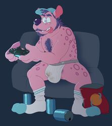 2019 anthro beard body_hair bulge can clothed clothing concupisco controller dirty_underwear facial_hair fur game_controller gaming hair hat headgear headwear hi_res holding_controller holding_object hyaenid jockstrap legwear male male_only mammal moustache penis_outline playing_videogame playstation playstation_controller sitting socks sofa solo sony_corporation sony_interactive_entertainment spotted_hyena tongue tongue_out topless underwear video_games