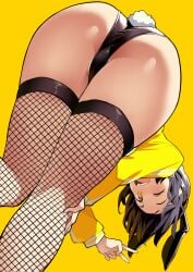 ass ass_focus barely_visible_genitalia big_ass black_hair black_leotard bunny_ears bunny_tail bunnysuit dat_ass fake_animal_ears female female_only fishnet_legwear fishnet_stockings fishnets from_behind from_below hand_on_knee jacket kekemotsu leotard open_mouth original original_character peace_sign shiny_skin simple_background smiling solo solo_female track_jacket v_sign wink winking winking_at_viewer yellow_background yellow_eyes yellow_jacket