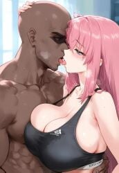 1boy 1girls ai_generated blue_eyes bocchi_the_rock! breast_press_on_chest dark-skinned_male dark_skin french_kiss gigantic_breasts gotou_hitori hair_ornament huge_breasts interracial kissing light-skinned_female light_skin long_hair massive_breasts muscular_male nakatori nude nude_male pink_hair squatting straight sweat sweatdrop tank_top voluptuous voluptuous_female