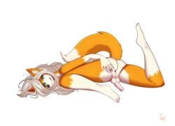 anthro anus ass balls blue_eyes canid canine erection fox foxtrap girly hair hi_res long_hair long_tail male mammal nude penis presenting simple_background solo spreading white_background