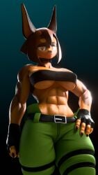 2024 3d abs barely_contained_breasts belt big_thighs breasts brown_eyes doberman dog_knight_rpg fingerless_gloves hand_on_hip looking_at_viewer mathias_foxxo_(artist) muscles muscular_female orange_eyes pants pinscher rory_(ceehaz) sweat sweaty_body sweaty_breasts tube_top