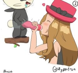 big_penis blonde_female blowjob blowjob_only blush consensual erection holding_penis human hypertron interspecies pancham penis_in_mouth pokemon pokemon_(species) pokephilia precum precum_drip serena_(pokemon) sidelocks size_difference zoophilia