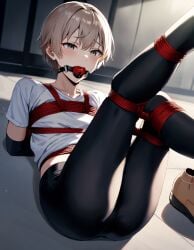 1boy ai_generated ass ass_focus ball_gag bondage femboy helpless human legs_up male male_only my_teen_romantic_comedy_snafu rtxfus solo totsuka_saika yaoi yoga_pants