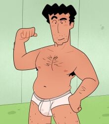 1boy body_hair bulge crayon_shin-chan dad_bod daddy hiroshi_nohara joeemillery male male_only masculine precum precum_through_clothing tighty_whities underwear