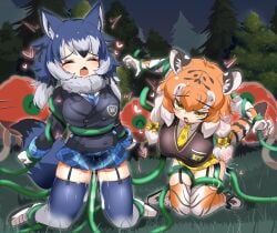 2girls animal_ears animal_print arms_up black_hair black_jacket black_ribbon black_vest blazer blue_hair blue_necktie blue_skirt blue_theme blush bow breasts buttons cellien_(kemono_friends) closed_eyes collared_shirt commentary_request cum cum_on_legs dire_wolf_(kemono_friends) double-breasted forest full_body fur-trimmed_footwear fur_collar fur_trim garter_straps gloves grass grey_hair grey_sky grey_thighhighs hair_between_eyes hair_ribbon hairbow highres jacket kemono_friends kemono_friends_3 kneeling large_breasts lets0020 long_hair looking_at_viewer medium_bangs miniskirt multicolored_hair multiple_girls nature necktie night oerba_yun_fang open_mouth orange_hair orange_thighhighs outdoors plaid plaid_bow plaid_necktie plaid_skirt pleated_skirt print_gloves print_thighhighs restrained ribbon shirt shoes siberian_tiger_(kemono_friends) skirt sky stiff_tail tail tentacle tentacle_sex thighhighs tiger_ears tiger_girl tiger_print tiger_tail tree variant_set vest white_footwear white_hair white_shirt wolf_ears wolf_girl wolf_tail yellow_bow yellow_eyes yellow_necktie