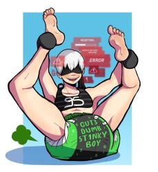 1boy abdl bib big_diaper blush brainwashing diaper diaper_fetish drooling exposed_feet humiliation iq_loss male male_only mittens nier:_automata satou_candy shirtless solo used_diaper virus yorha_9s